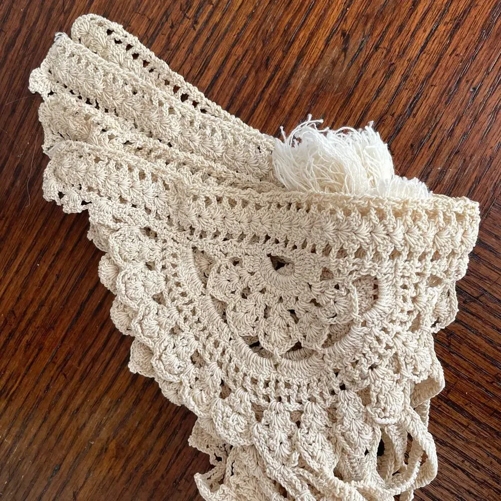 Vintage Crochet Curtain Tie Backs Handmade Off White Lattice Pair Tassel READ